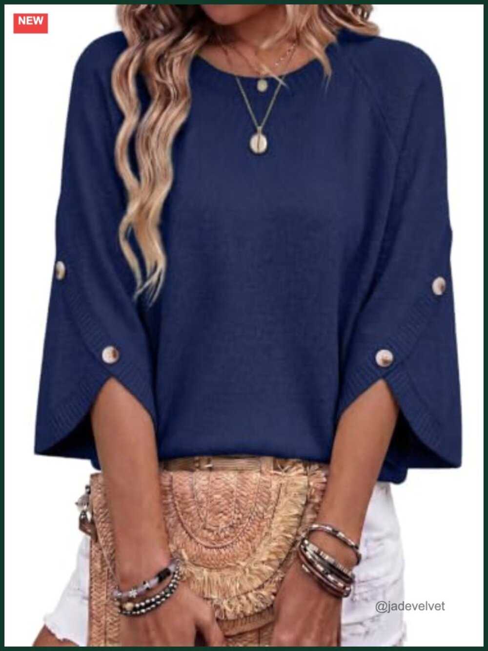 Oversized 3/4 Sleeve Button Crewneck Lightweight Knit Pullover Sweater